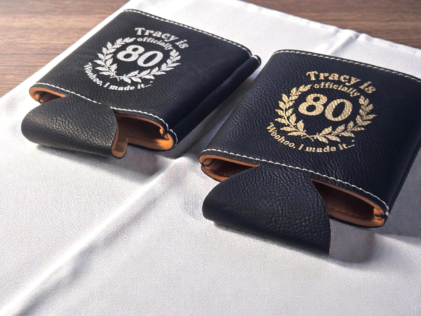 80th Birthday Party Favors, Custom Engraved Leatherette Can Holder, Bulk Party Favor Gift, Personalized Celebratory Gifts