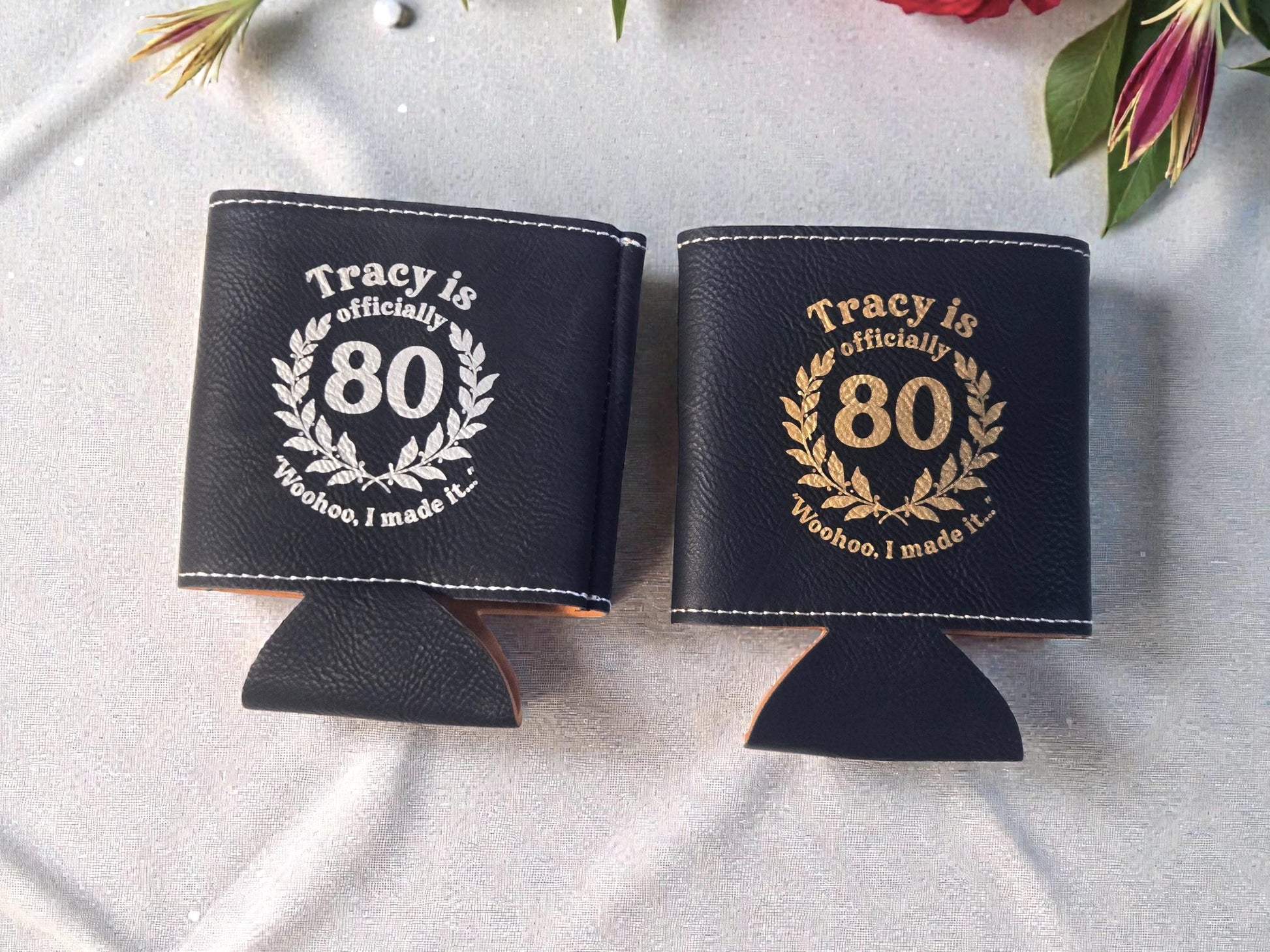 80th Birthday Party Favors, Custom Engraved Leatherette Can Holder, Bulk Party Favor Gift, Gold/Silver/Rawhide/Brown/Gray