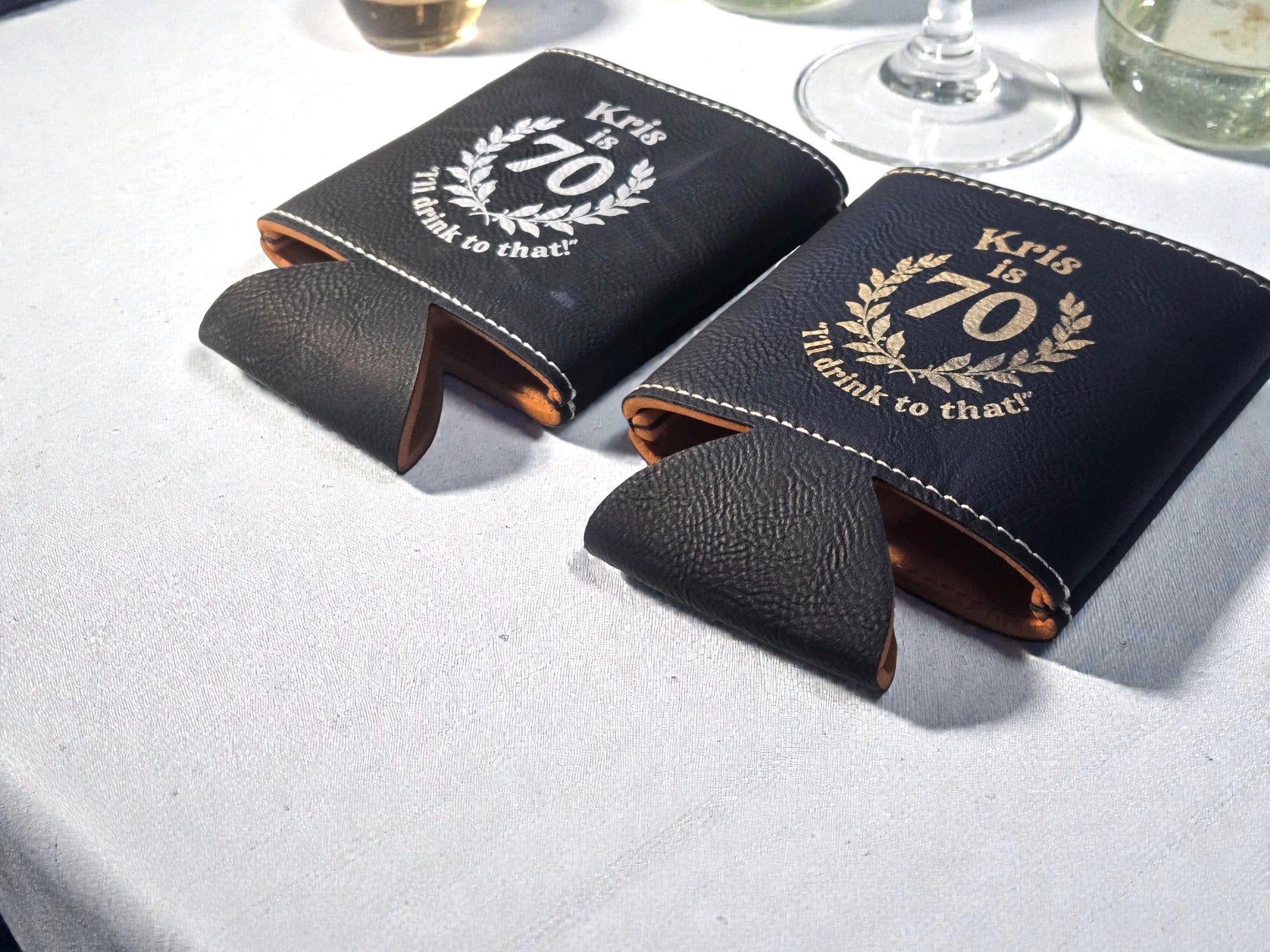 70th Birthday Party Favors, Custom Engraved Leatherette Can Holder, Bulk Party Favor Gift, Silver/Gold/Gray/Brown/Rawhide
