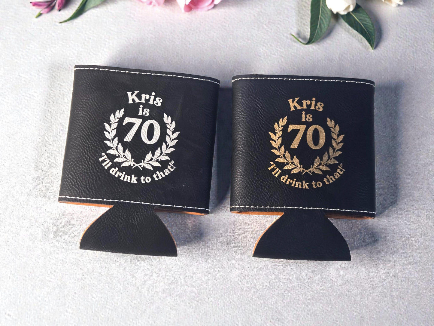 70th Birthday Party Favors, Custom Engraved Leatherette Can Holder, Bulk Party Favor Gift, Silver/Gold/Gray/Brown/Rawhide