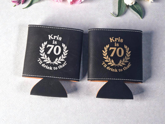 70th Birthday Party Favors, Custom Engraved Leatherette Can Holder, Bulk Party Favor Gift, Silver/Gold/Gray/Brown/Rawhide