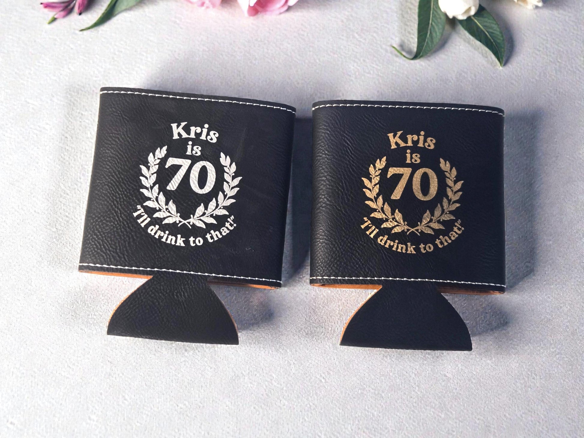 70th Birthday Party Favors, Custom Engraved Leatherette Can Holder, Bulk Party Favor Gift, Personalized Celebratory Gifts
