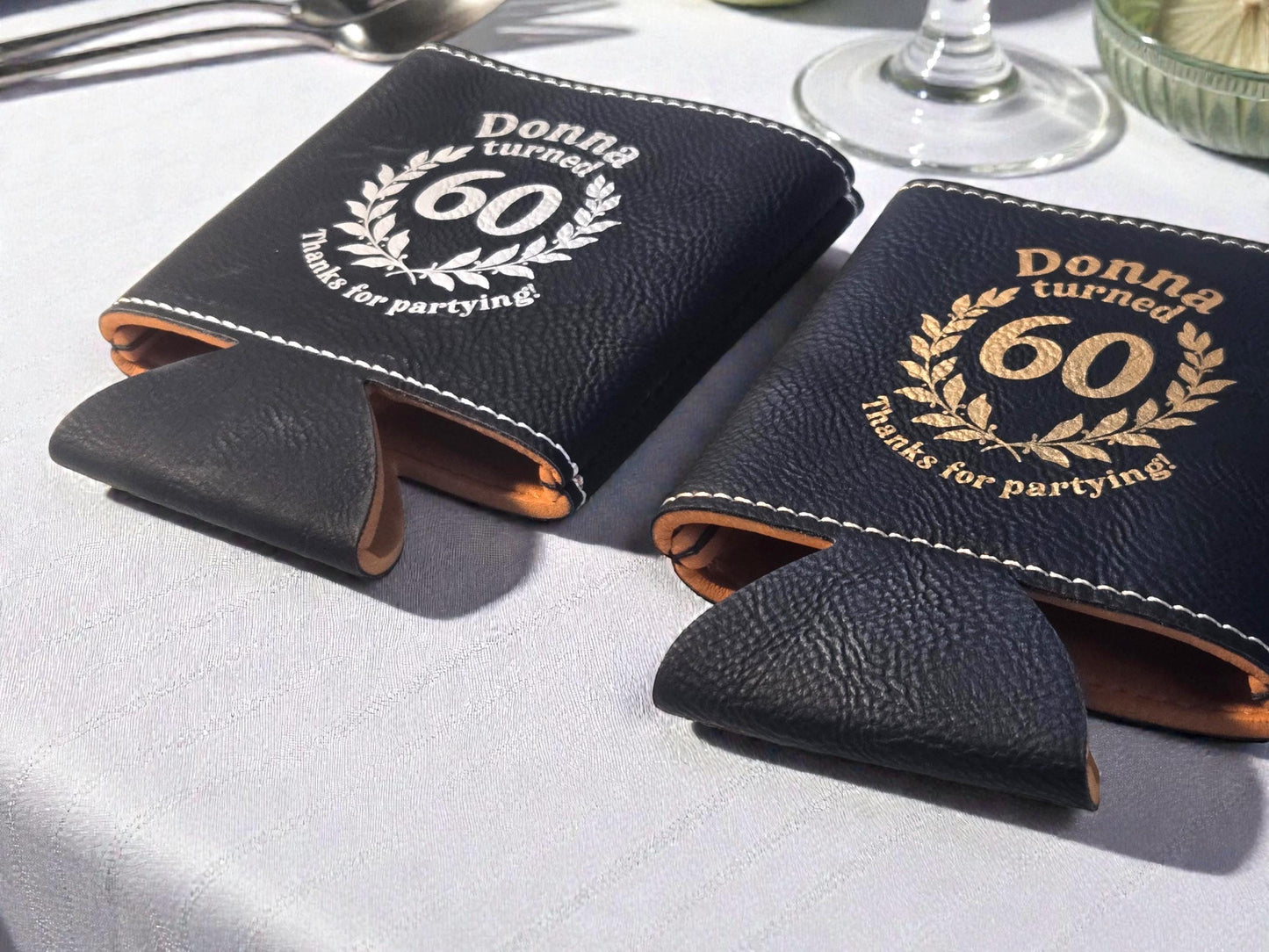 60th Birthday Party Favors, Custom Engraved Leatherette Can Holder, Bulk Party Favor Gift, Silver/Gold/Gray/Brown/Rawhide
