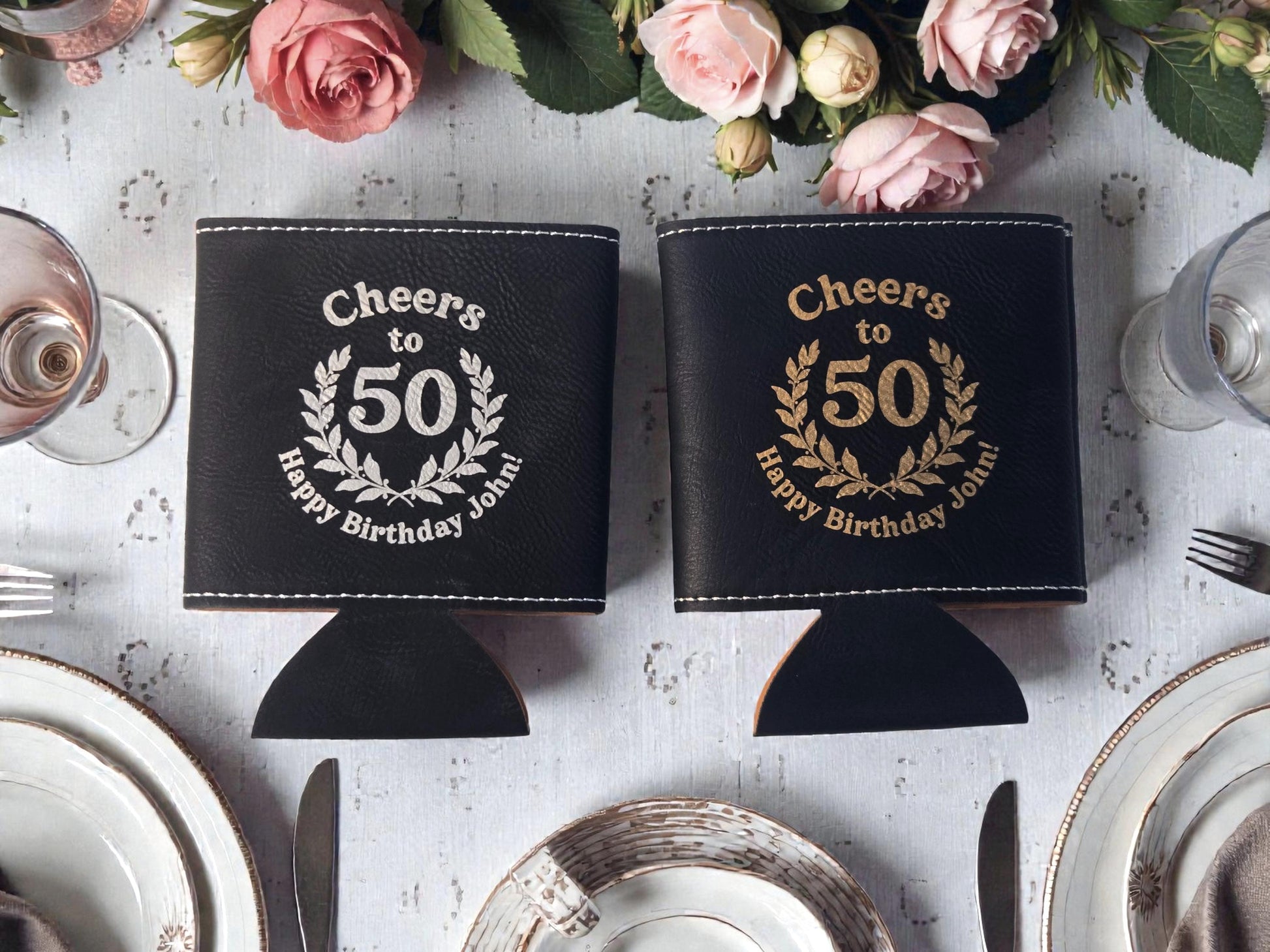50th Birthday Party Favors, Custom Engraved Leatherette Can Holder, Bulk Party Favor Gift, Gold/Silver/Gray/Brown/Rawhide