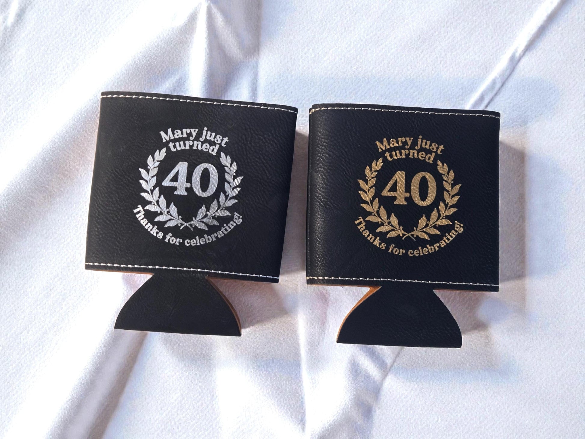 40th Birthday Party Favors, Custom Engraved Leatherette Can Holder, Bulk Party Favor Gift, Silver/Gold/Gray/Rawhide/Brown