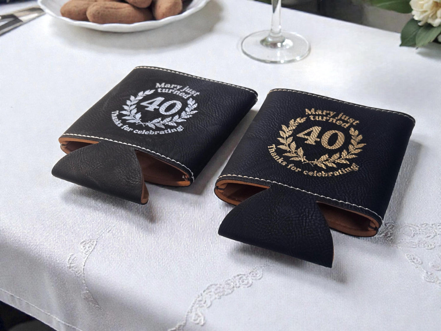 40th Birthday Party Favors, Custom Engraved Leatherette Can Holder, Bulk Party Favor Gift, Personalized Celebratory Gifts