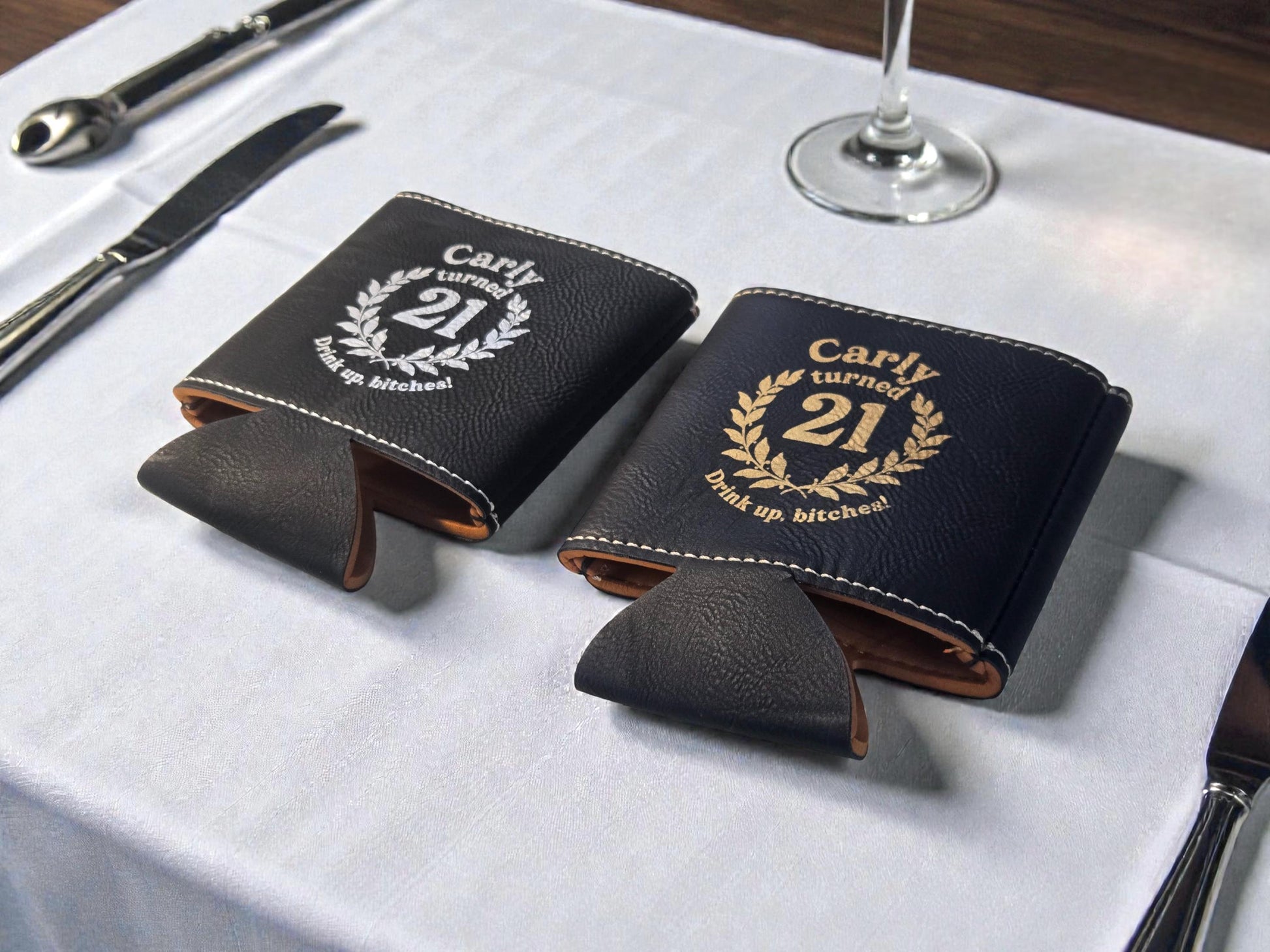 21st Birthday Party Favors, Custom Engraved Leatherette Can Holder, Bulk Party Favor Gift, Silver/Gold/Rawhide/Brown/Gray