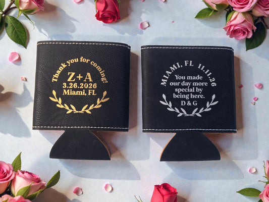 Personalized Wedding Favor Cozie, Laurel Design, Engraved Leather Beverage Holder, Bulk Wedding Guest Favors, Silver/Gold/Rawhide/Gray/Brown