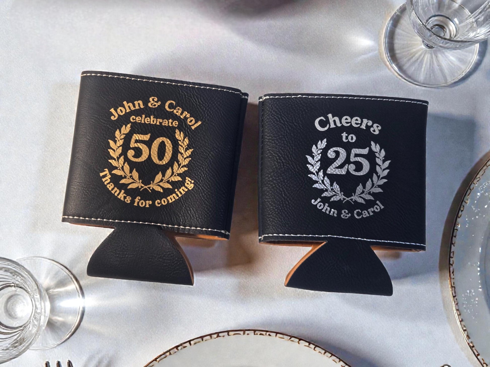 Anniversary Party Favors, Custom Engraved Leatherette Can Holder, Bulk Anniversary Personalized Party Gifts, Silver/Gold/Rawhide/Brown/Gray