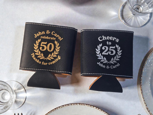 Anniversary Party Favors, Custom Engraved Leatherette Can Holder, Bulk Anniversary Personalized Party Gifts, Silver/Gold/Rawhide/Brown/Gray
