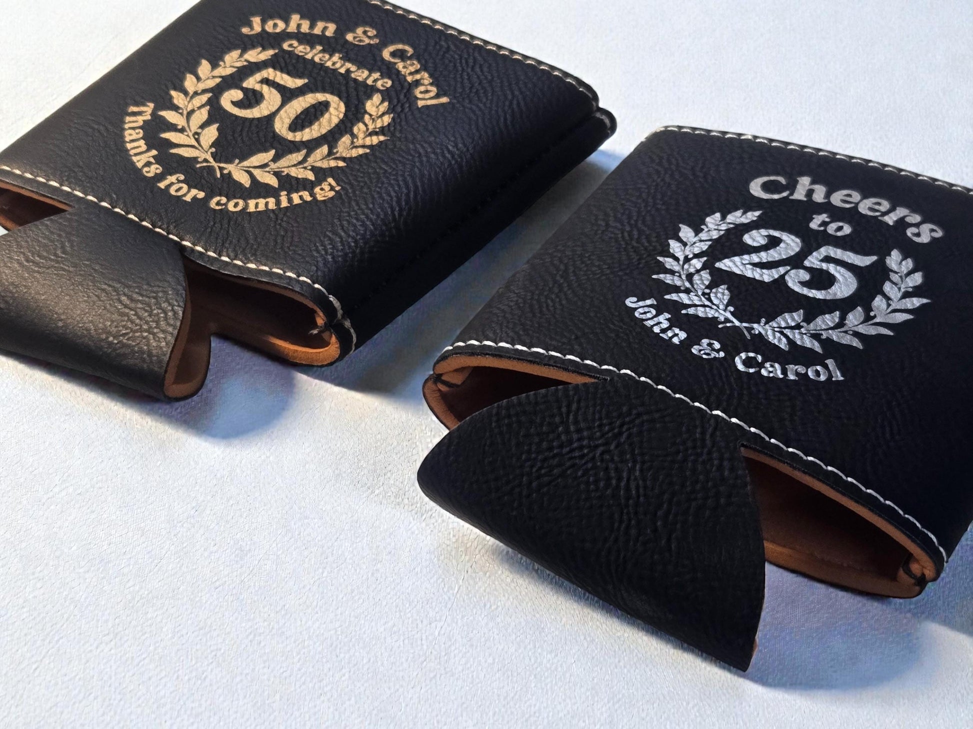Anniversary Party Favors, Custom Engraved Leatherette Can Holder, Bulk Anniversary Personalized Party Gifts, Silver/Gold/Rawhide/Brown/Gray