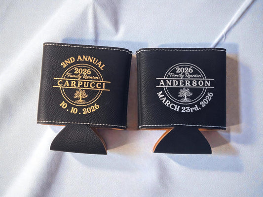 Family Reunion Bulk Party Favors, Personalized Engraved Leatherette Beverage Holder, Reunion Party Gift, Gold/Silver/Rawhide/Brown/Gray