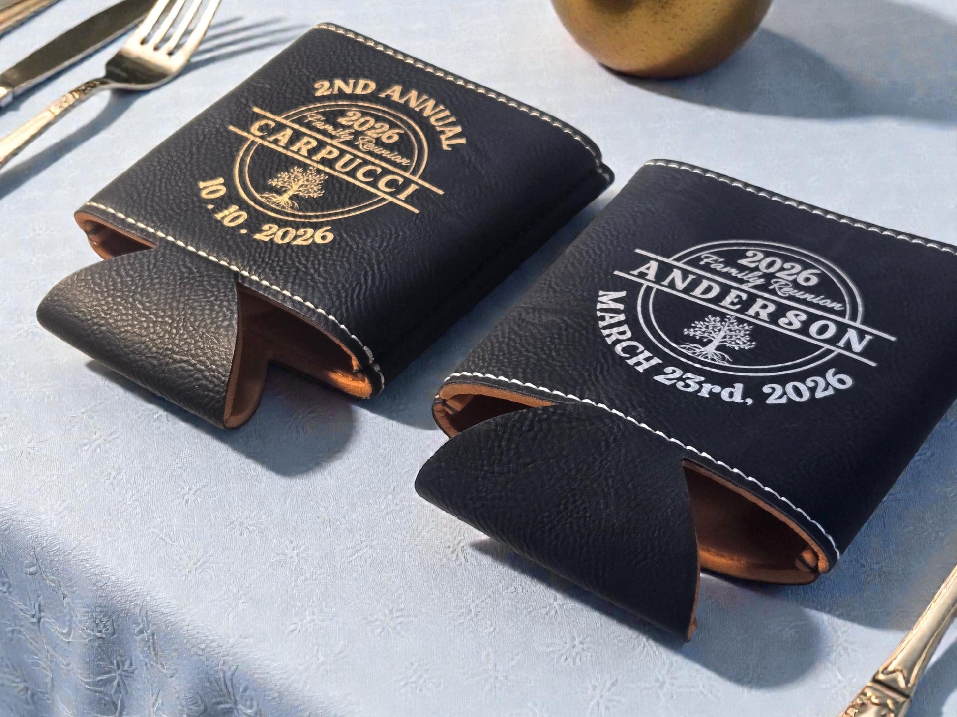 Family Reunion Bulk Party Favors, Personalized Engraved Leatherette Beverage Holder, Reunion Party Gift, Gold/Silver/Rawhide/Brown/Gray