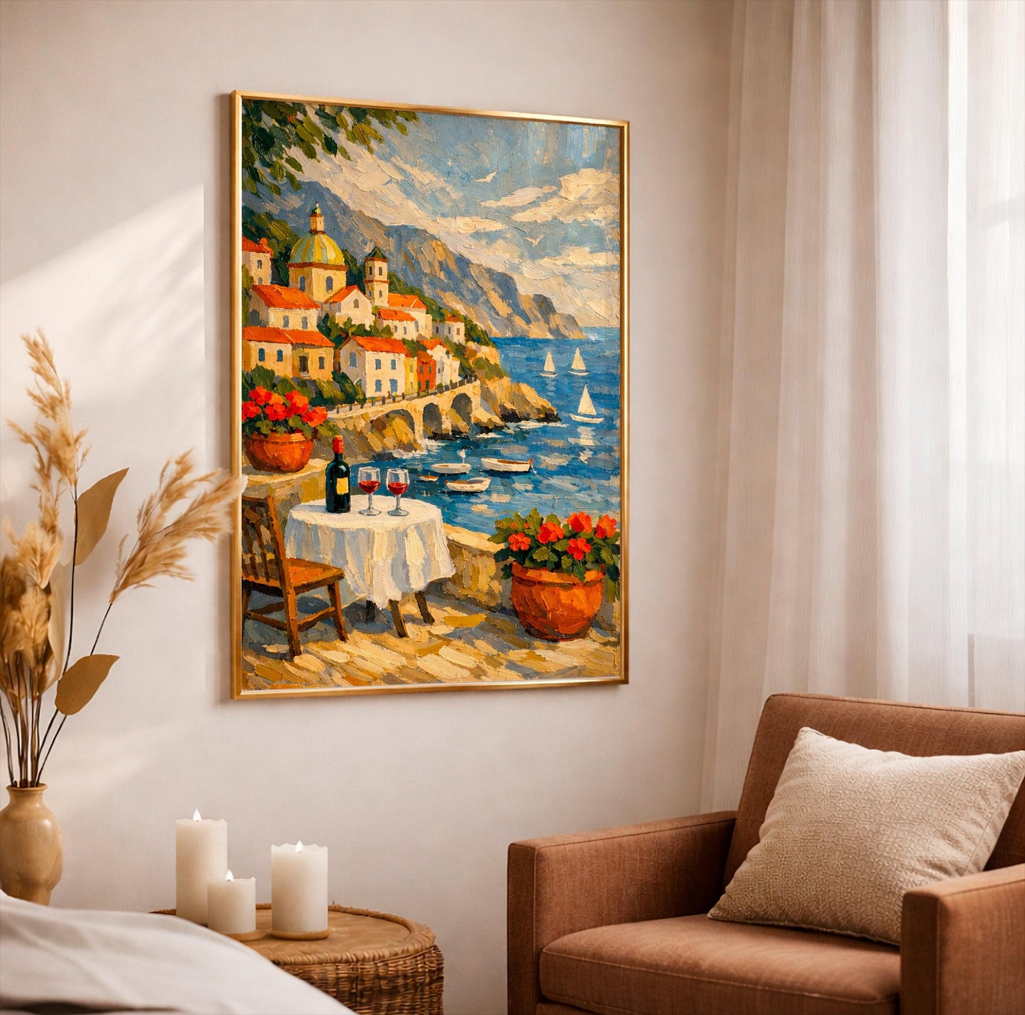 Amalfi Coast Wall Art Italy Poster Mediterranean Coastal Landscape Painting Italian Village Seascape Print Positano Home Decor Gift for Her