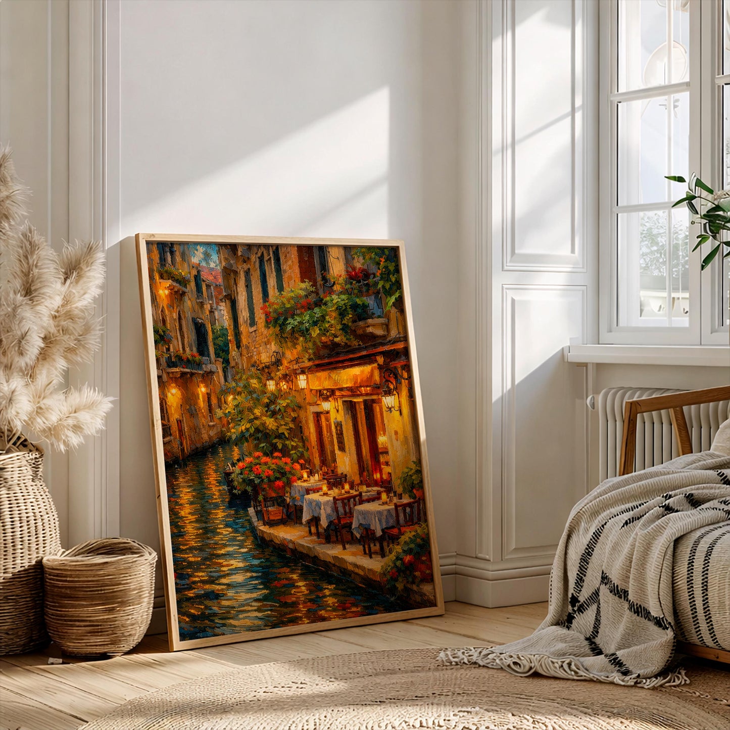 Venice Italy Travel Poster, Romantic Canal Restaurant Oil Painting, Venetian Cafe Wall Art, Italian Cityscape Print, Cozy Europe Home Decor