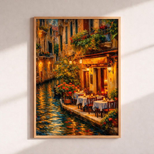 Venice Italy Travel Poster, Romantic Canal Restaurant Oil Painting, Venetian Cafe Wall Art, Italian Cityscape Print, Cozy Europe Home Decor