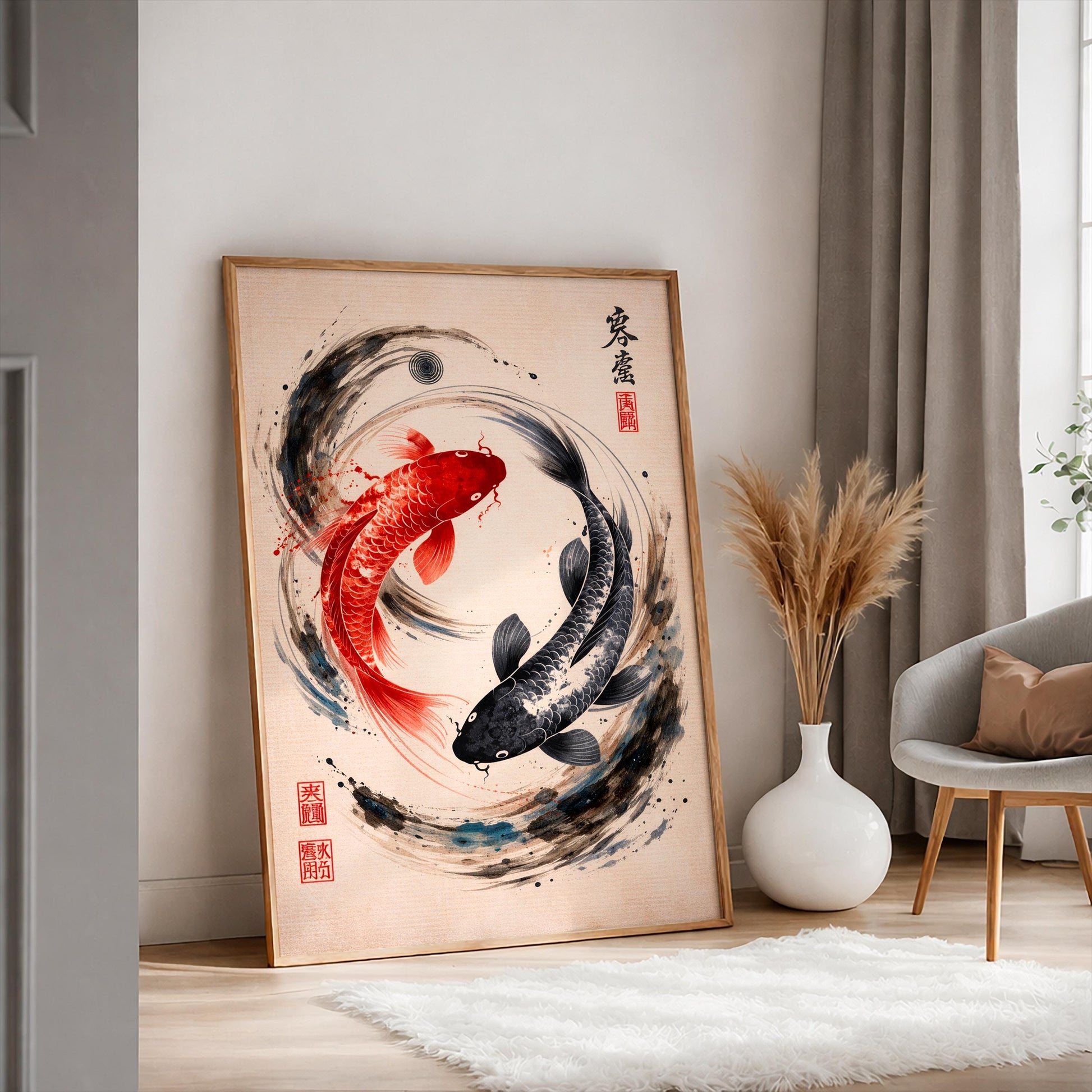 Yin Yang Koi Fish Poster, Japanese Zen Wall Art, Minimalist Japandi Decor, Asian Sumi-e Print, Spiritual Harmony Gift, Modern Oriental Art