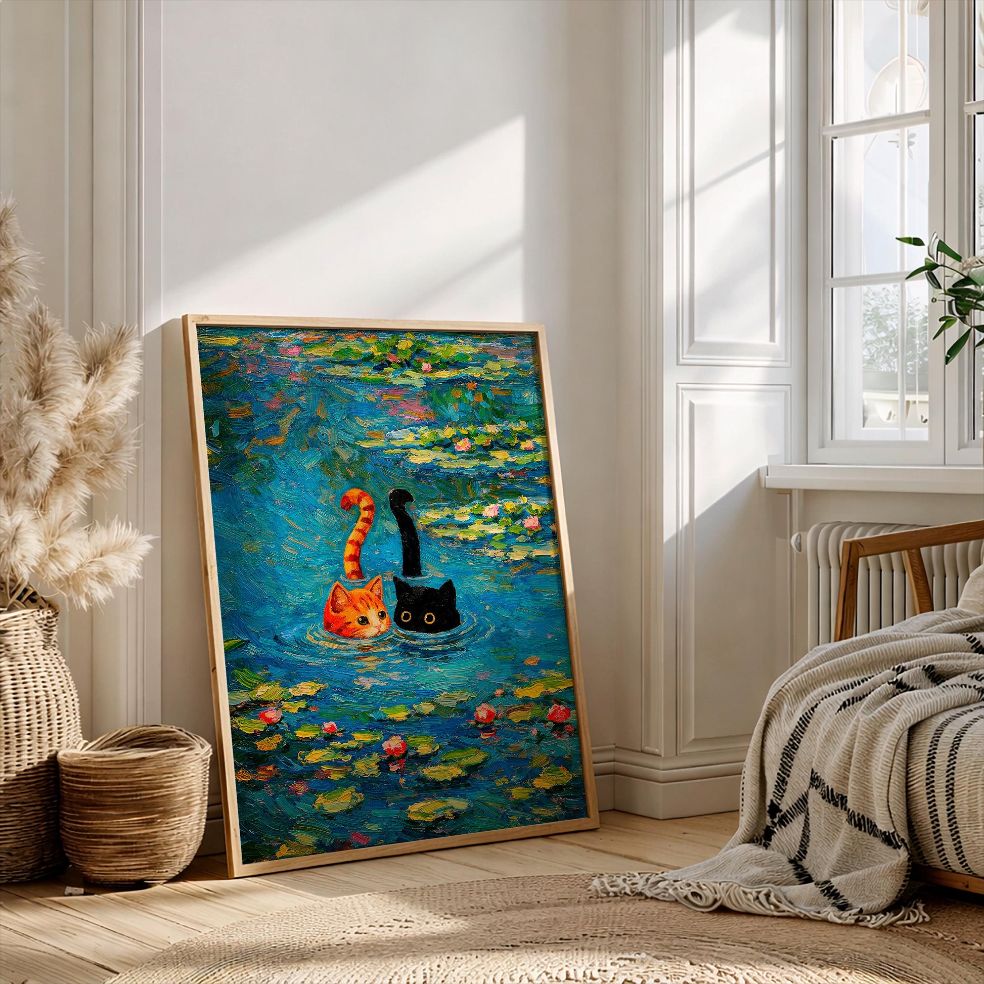 Monet Water Lily Cats Art Print - Funny Black and Orange Cat Pond Poster - Whimsical Impressionist Wall Art - Gift for Cat Lover Home Decor