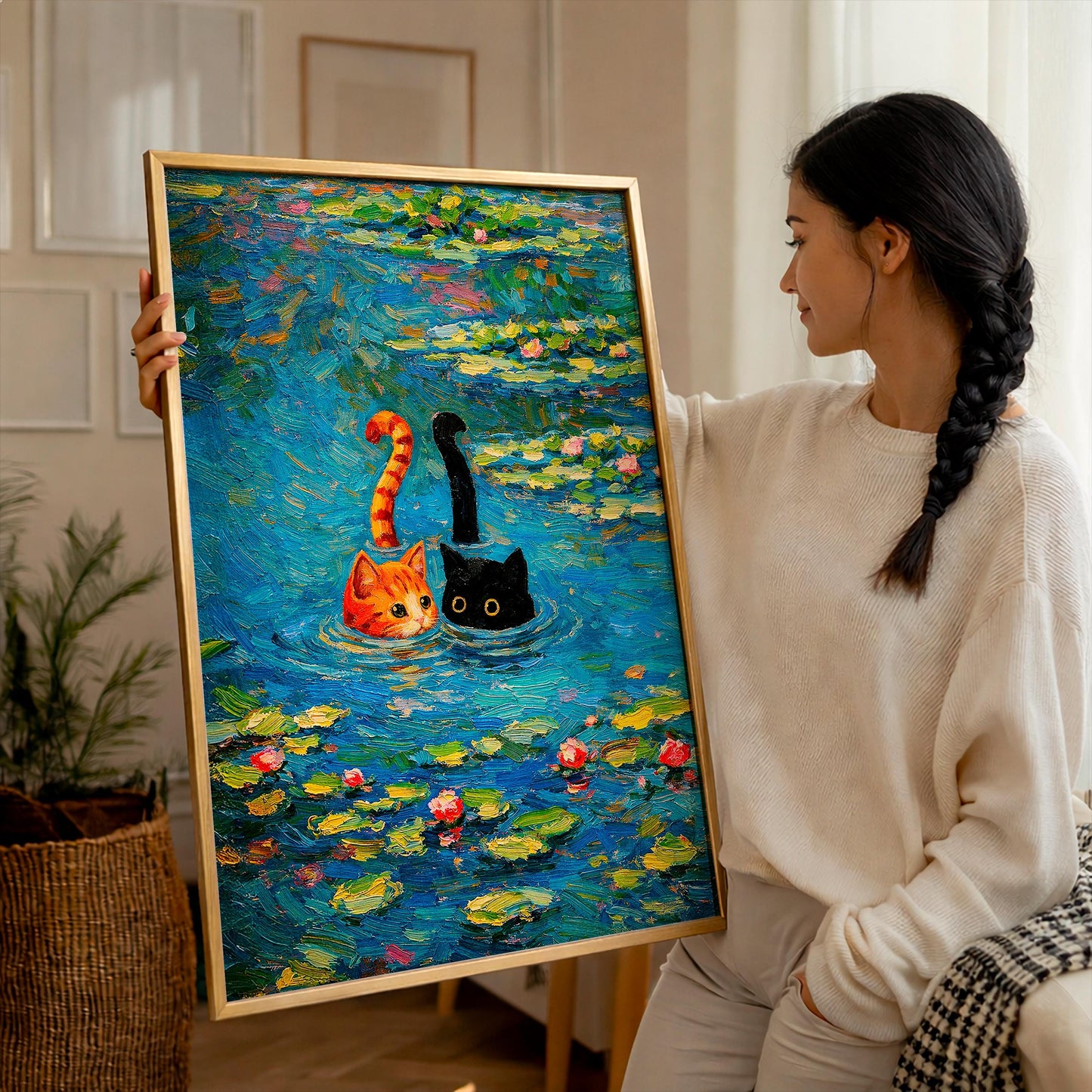 Monet Water Lily Cats Art Print - Funny Black and Orange Cat Pond Poster - Whimsical Impressionist Wall Art - Gift for Cat Lover Home Decor