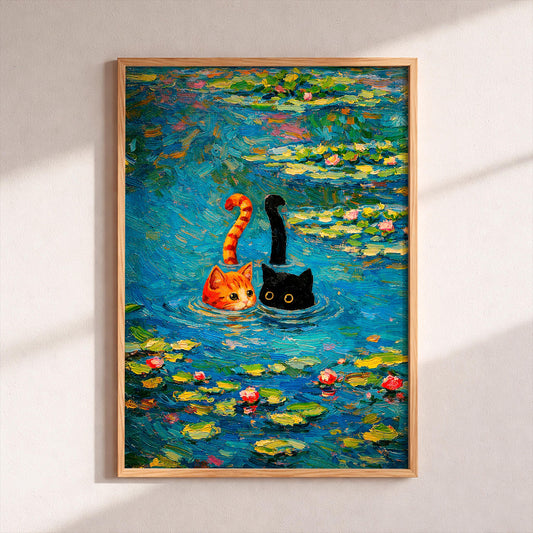 Monet Water Lily Cats Art Print - Funny Black and Orange Cat Pond Poster - Whimsical Impressionist Wall Art - Gift for Cat Lover Home Decor