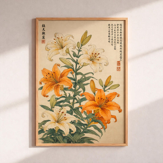 Japanese Lily Art Print, Vintage Ukiyo-e Flower Poster, Katsushika Hokusai Style Floral Wall Decor, Botanical Lily Illustration, Asian Gift