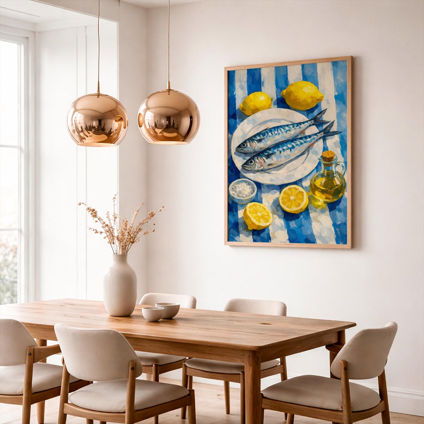 Mackerel Fish Still Life Art Print, Mediterranean Kitchen Wall Art, Lemon and Olive Oil Food Poster, Coastal Dining Room Decor Gift for Cook