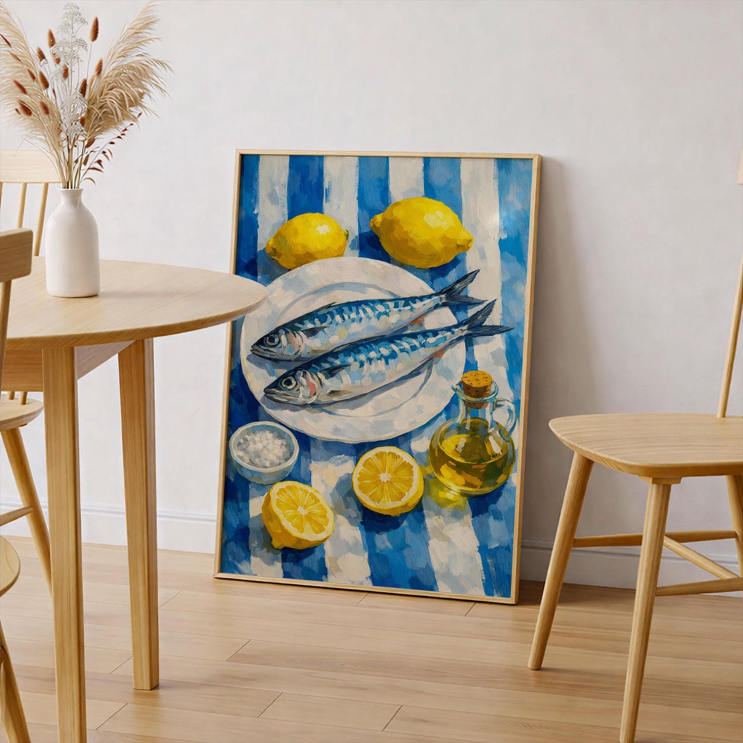 Mackerel Fish Still Life Art Print, Mediterranean Kitchen Wall Art, Lemon and Olive Oil Food Poster, Coastal Dining Room Decor Gift for Cook