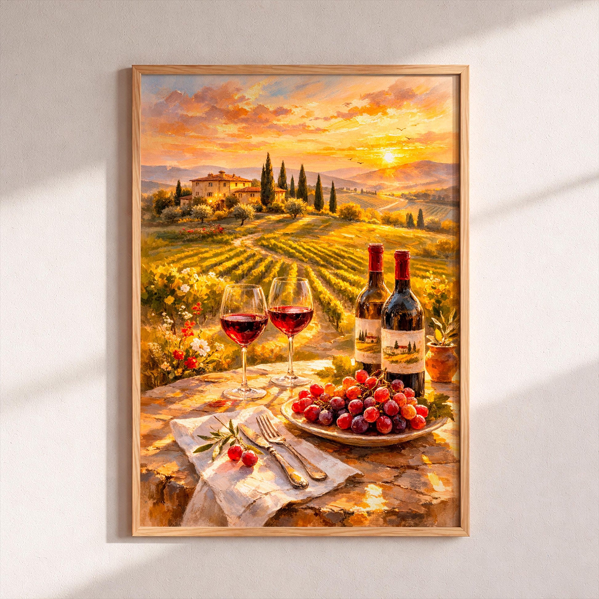 Tuscany Vineyard Sunset Wall Poster, Italian Landscape Print, Wine & Grapes Still Life Painting, Rustic Farmhouse Decor, Italy Travel Gift