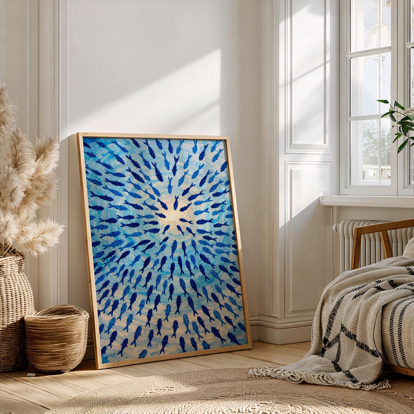 Blue School of Fish Wall Art, Nautical Ocean Poster, Coastal Beach House Decor, Navy Fish Shoal Painting, Modern Sea Life Print, Marine Art