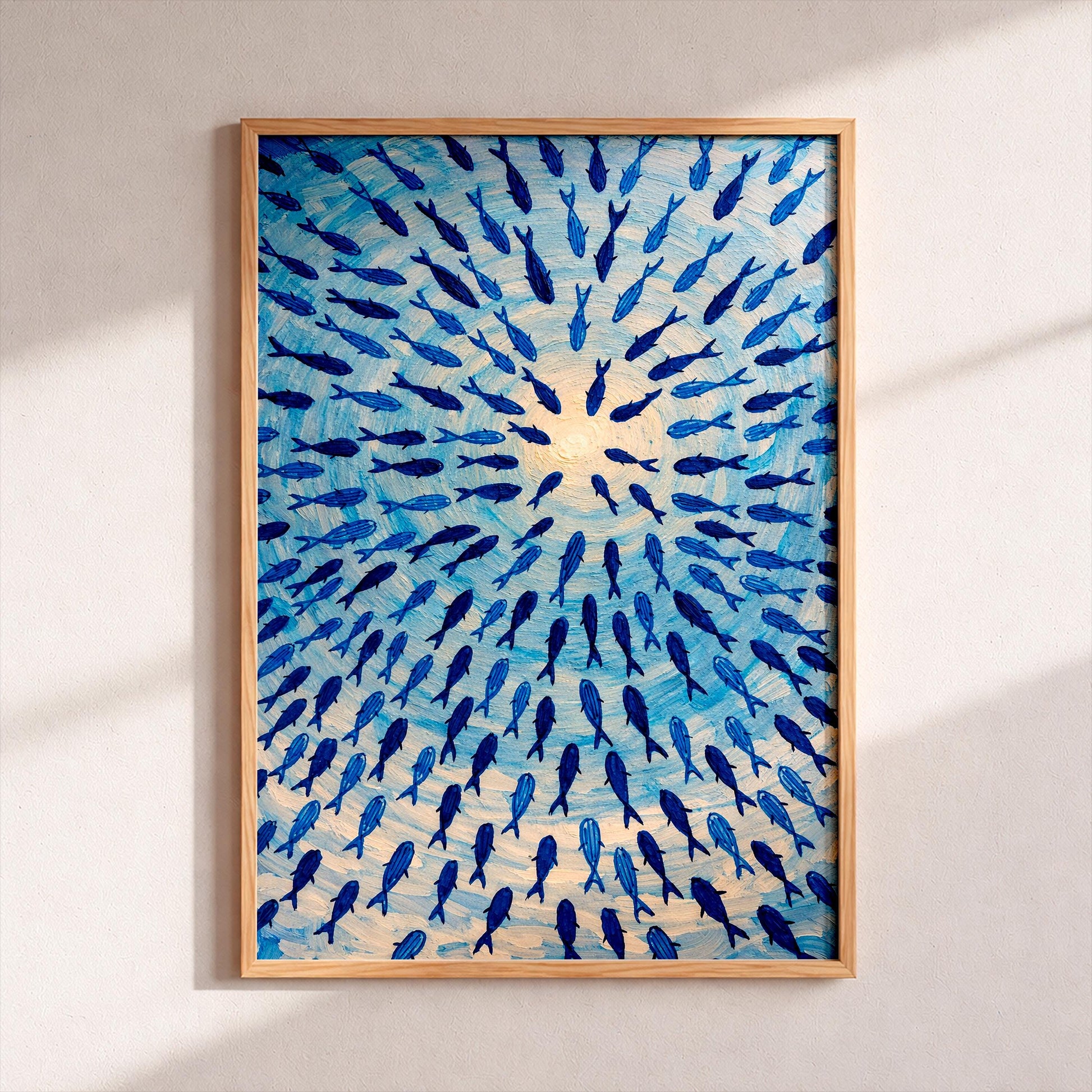 Blue School of Fish Wall Art, Nautical Ocean Poster, Coastal Beach House Decor, Navy Fish Shoal Painting, Modern Sea Life Print, Marine Art