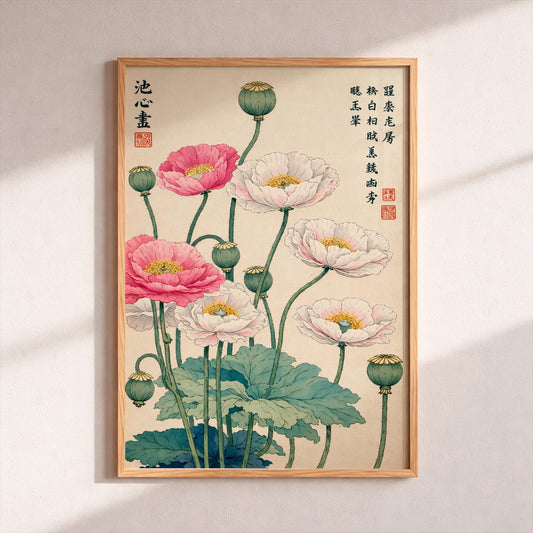 Japanese Poppy Art Print Vintage Woodblock Floral Poster Botanical Wall Decor White Pink Poppies Asian Home Decor Japandi Minimalist Flower