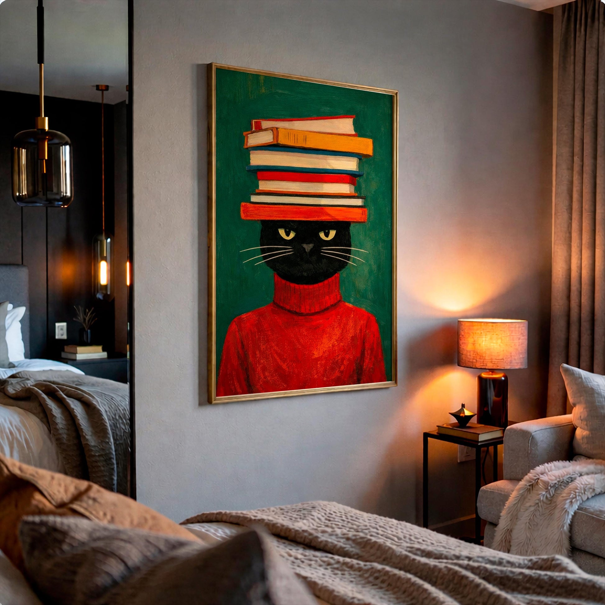 Black Cat with Books Poster, Funny Cat Lover Gift, Bookish Wall Art, Librarian Decor, Reading Nook Print, Dark Academia Art, Nerd Cat Deco