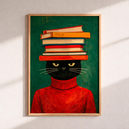 Black Cat with Books Poster, Funny Cat Lover Gift, Bookish Wall Art, Librarian Decor, Reading Nook Print, Dark Academia Art, Nerd Cat Deco