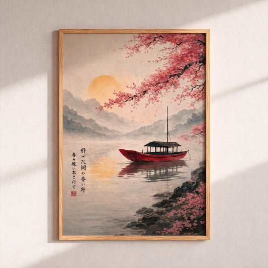 Japanese Cherry Blossom Wall Art, Zen Sakura Tree Canvas, Red Boat Lake Painting, Oriental Landscape Print, Japandi Home Decor, Asian Gift