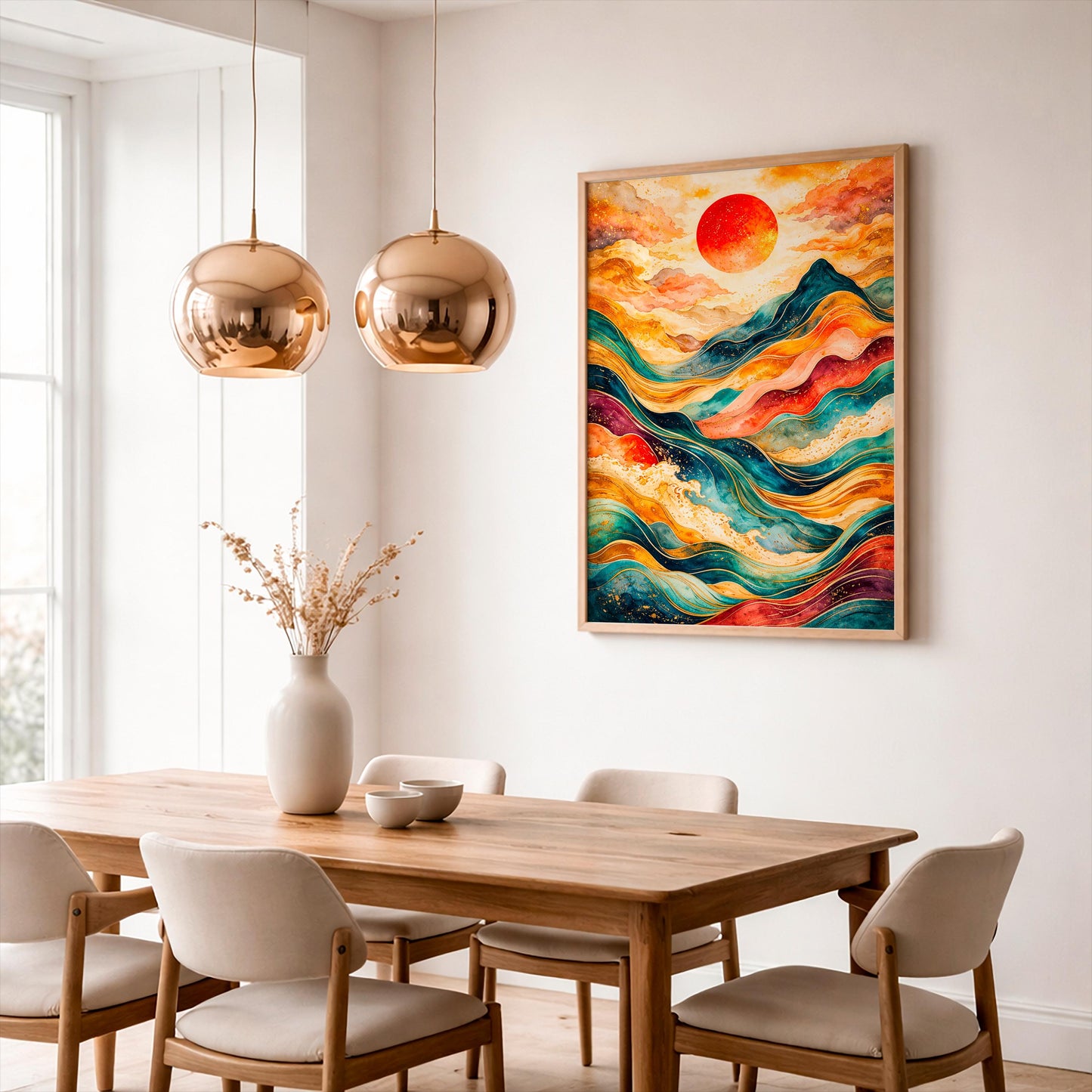 Abstract Sunset Ocean Waves Poster, Japanese Sun Wall Art, Teal Blue Gold Mountain Print, Boho Home Decor, Modern Landscape Watercolor Gift