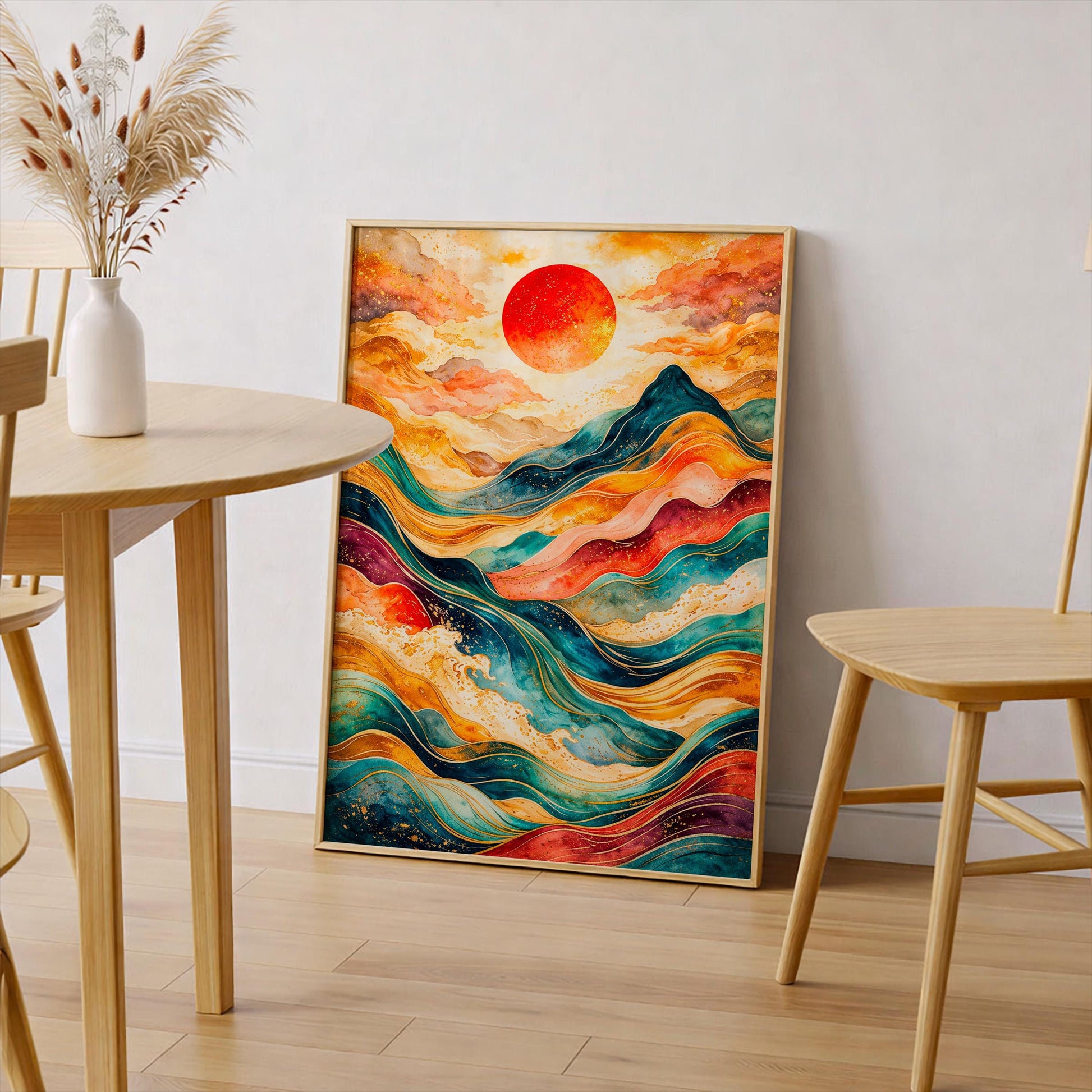 Abstract Sunset Ocean Waves Poster, Japanese Sun Wall Art, Teal Blue Gold Mountain Print, Boho Home Decor, Modern Landscape Watercolor Gift
