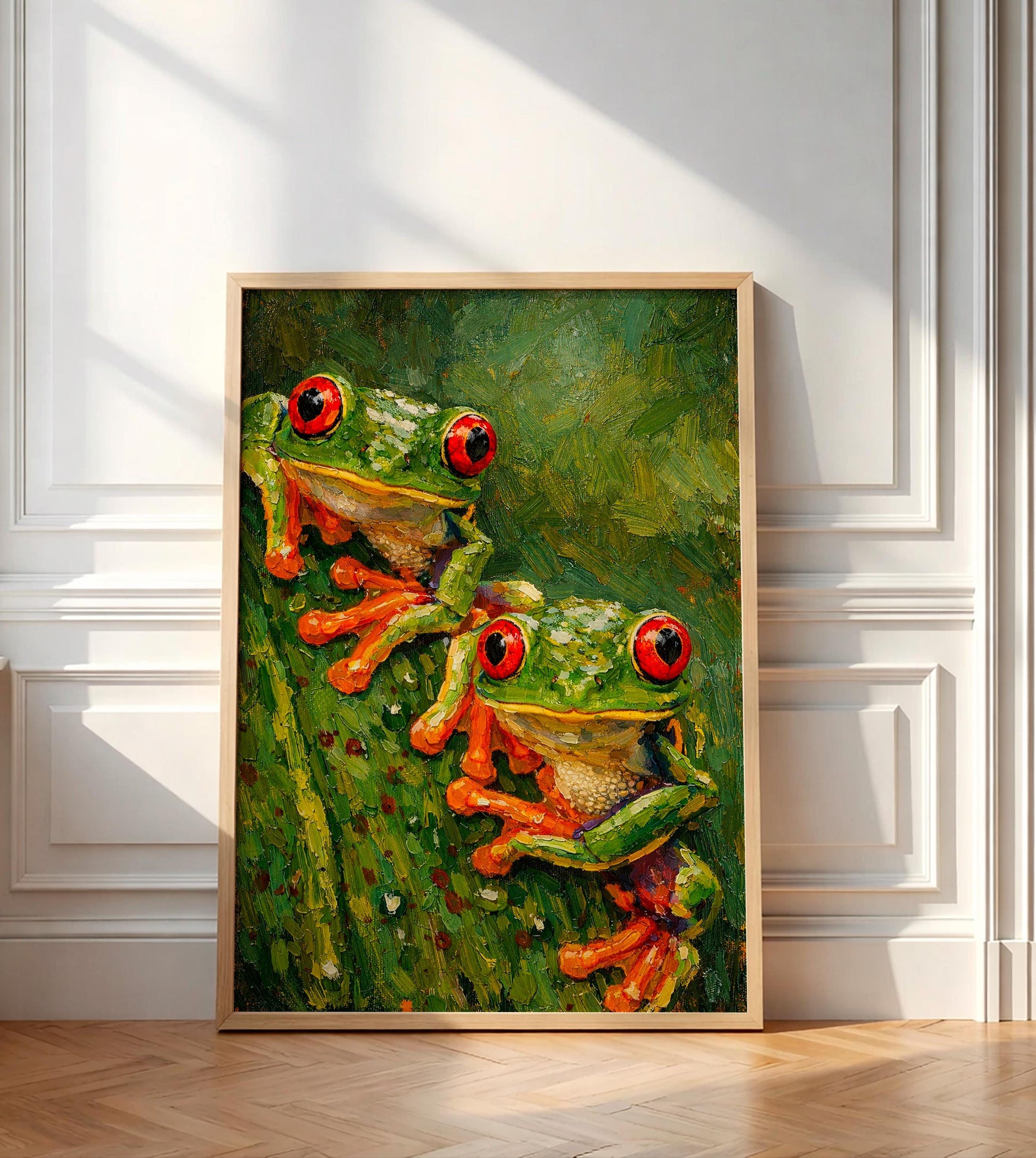 Red Eyed Tree Frog Art Print, Two Green Tropical Frogs Oil Painting Poster, Rainforest Wildlife Wall Decor, Jungle Animal Lover Gift Idea