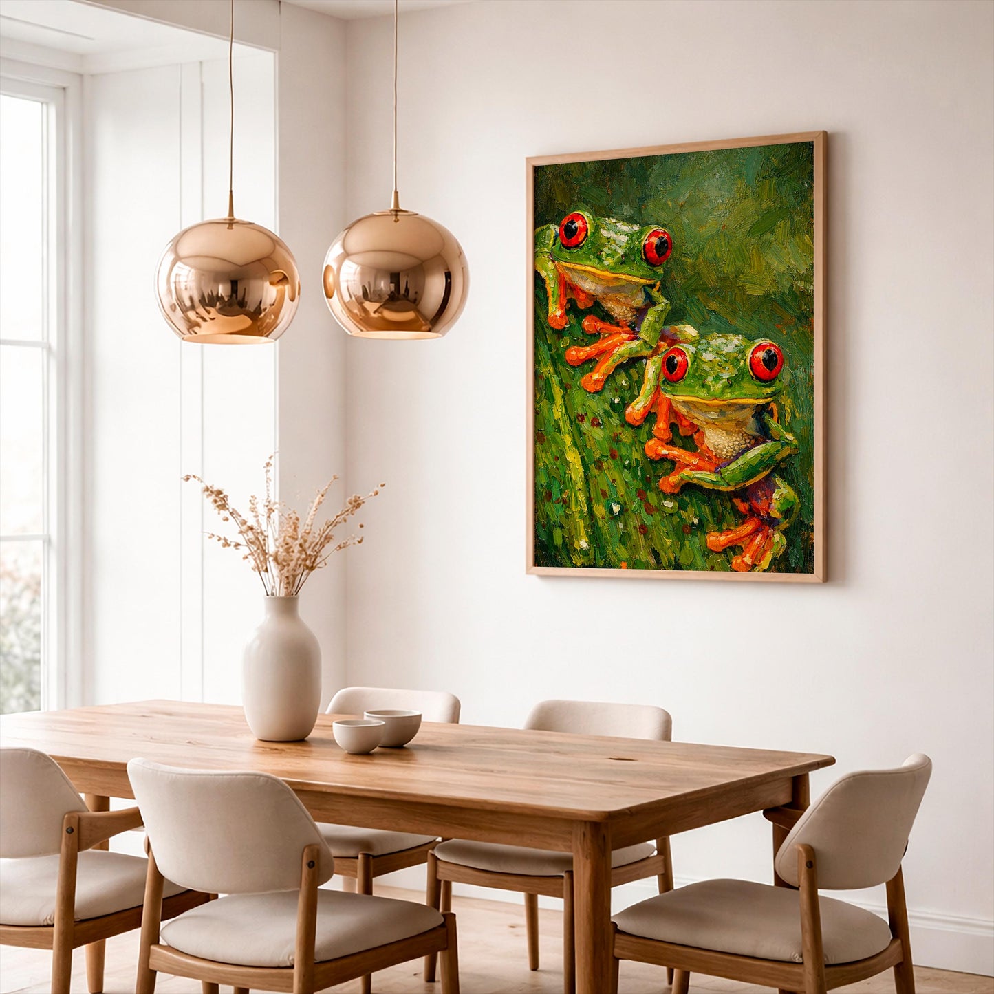 Red Eyed Tree Frog Art Print, Two Green Tropical Frogs Oil Painting Poster, Rainforest Wildlife Wall Decor, Jungle Animal Lover Gift Idea