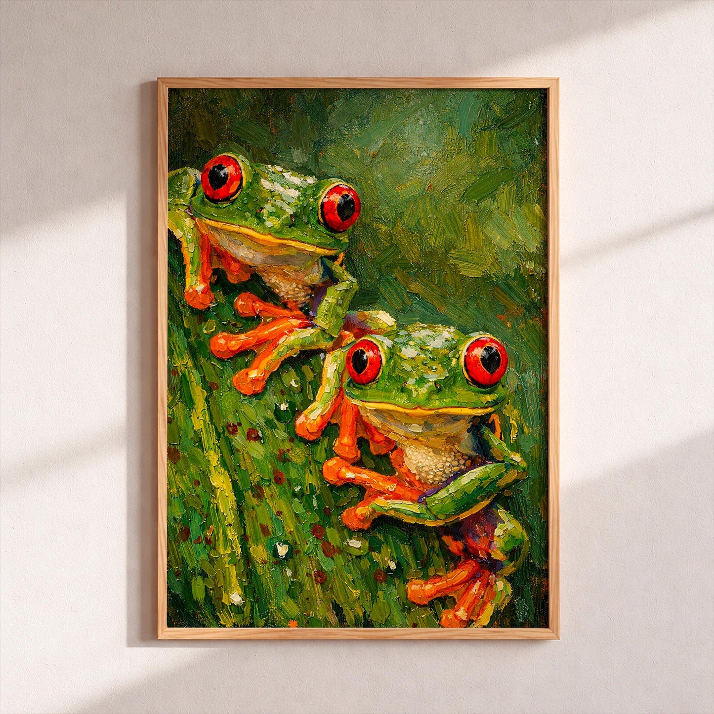 Red Eyed Tree Frog Art Print, Two Green Tropical Frogs Oil Painting Poster, Rainforest Wildlife Wall Decor, Jungle Animal Lover Gift Idea