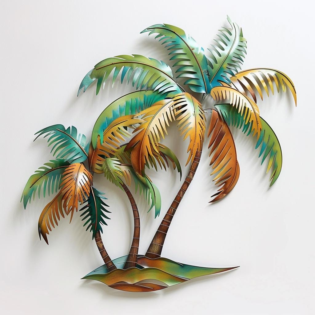 Summer Palm Tree Sunset Metal Sign, Coastal Beach Wall Art, Tropical Outdoor Decor