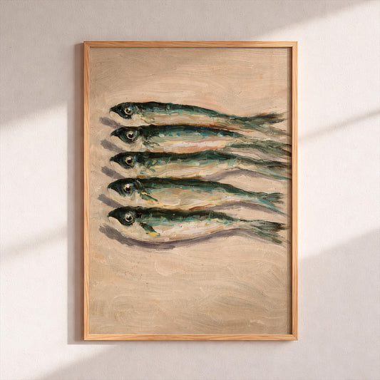 Sardines Wall Art Print Vintage Coastal Kitchen Decor Sea Life Still Life Fish Oil Painting Poster Nautical Beach House Art Foodie Gift