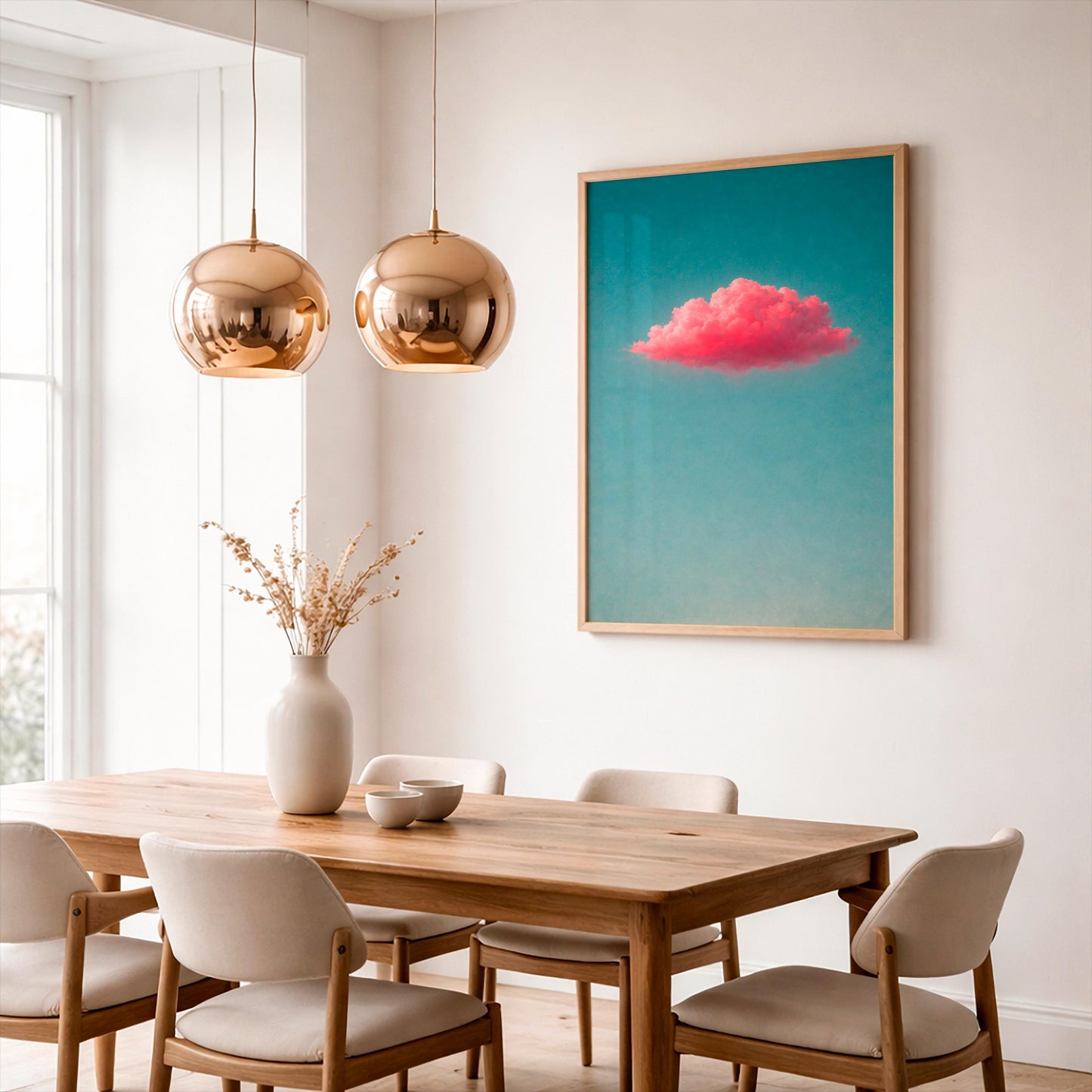 Pink Cloud Wall Art, Fluffy Pastel Clouds Poster, Dreamy Cotton Candy Sky Print, Aesthetic Teal Blue Background, Minimalist Home Decor Art