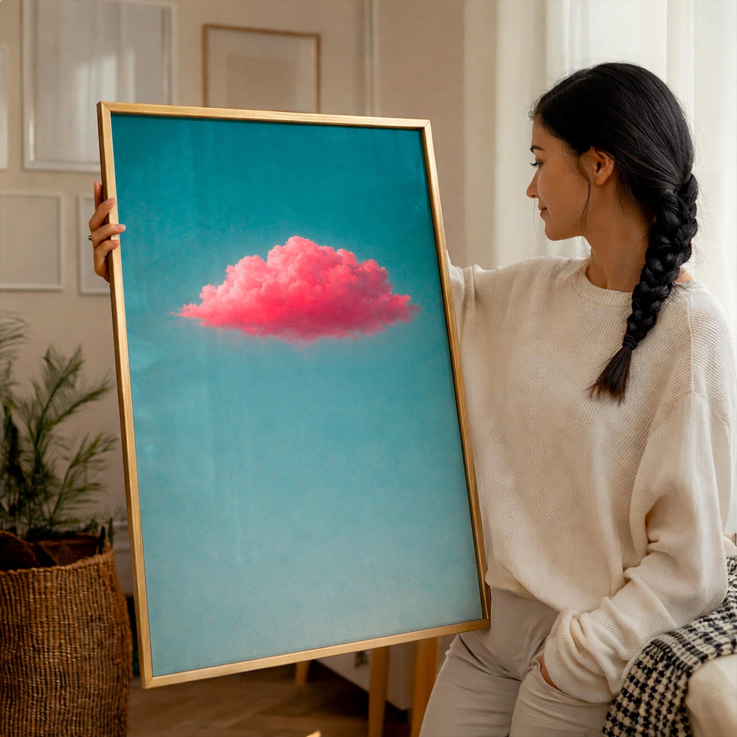 Pink Cloud Wall Art, Fluffy Pastel Clouds Poster, Dreamy Cotton Candy Sky Print, Aesthetic Teal Blue Background, Minimalist Home Decor Art