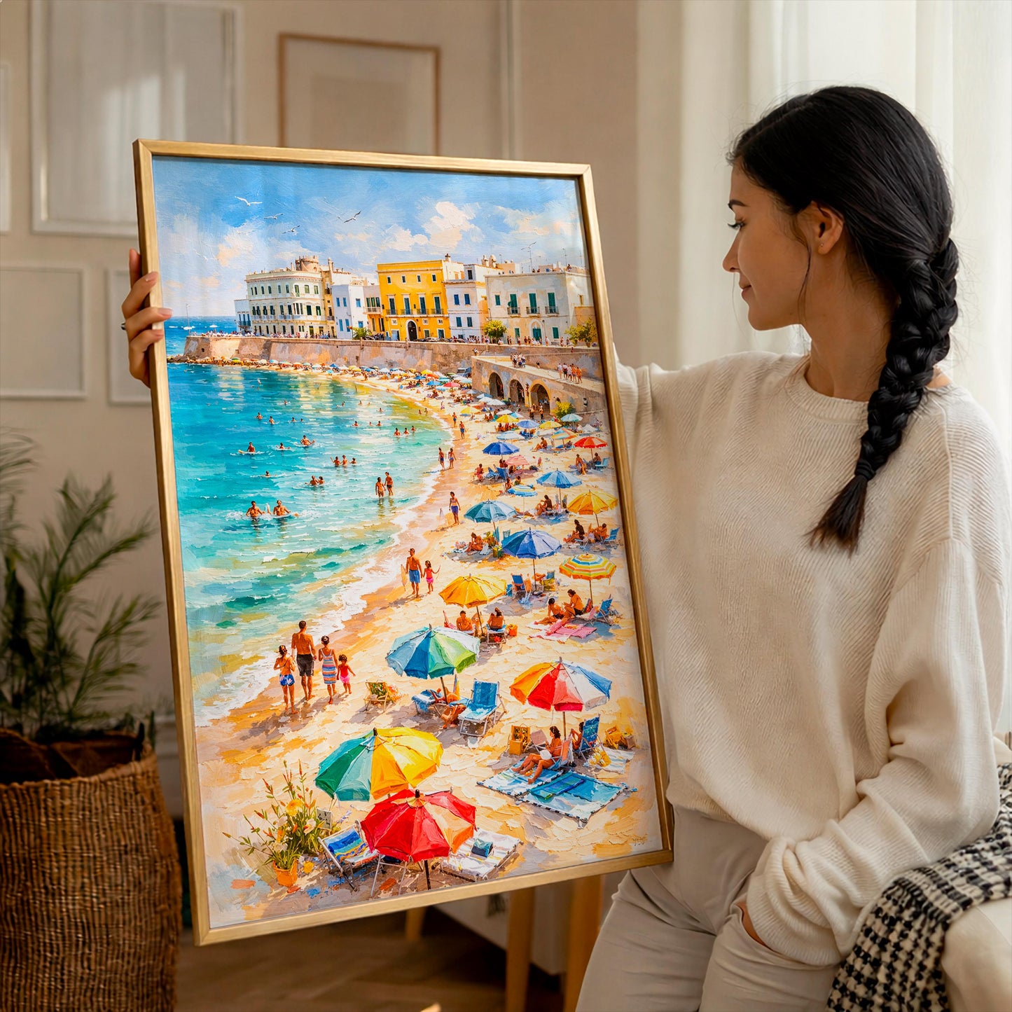 Impressionist Italian Gallipoli Poster, Sunny Puglia Beach Wall Art, Retro Summer Nature Print, Palette Knife Coastal Scene, Home Decor