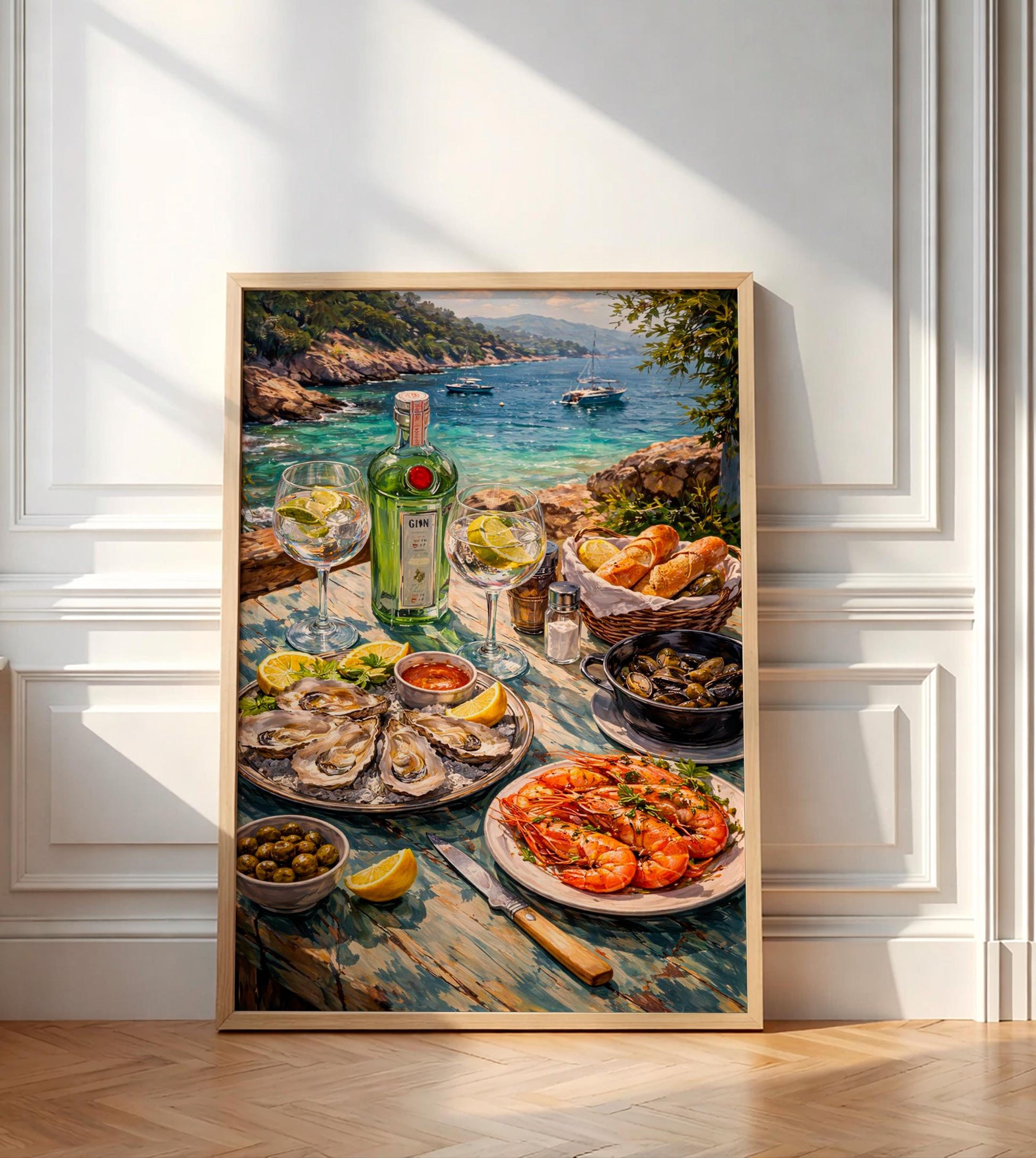 Seafood Platter Art Print, Mediterranean Kitchen Wall Decor, Bar Cart Poster, Oysters and Prawns Still Life, Coastal Beach House Home Design