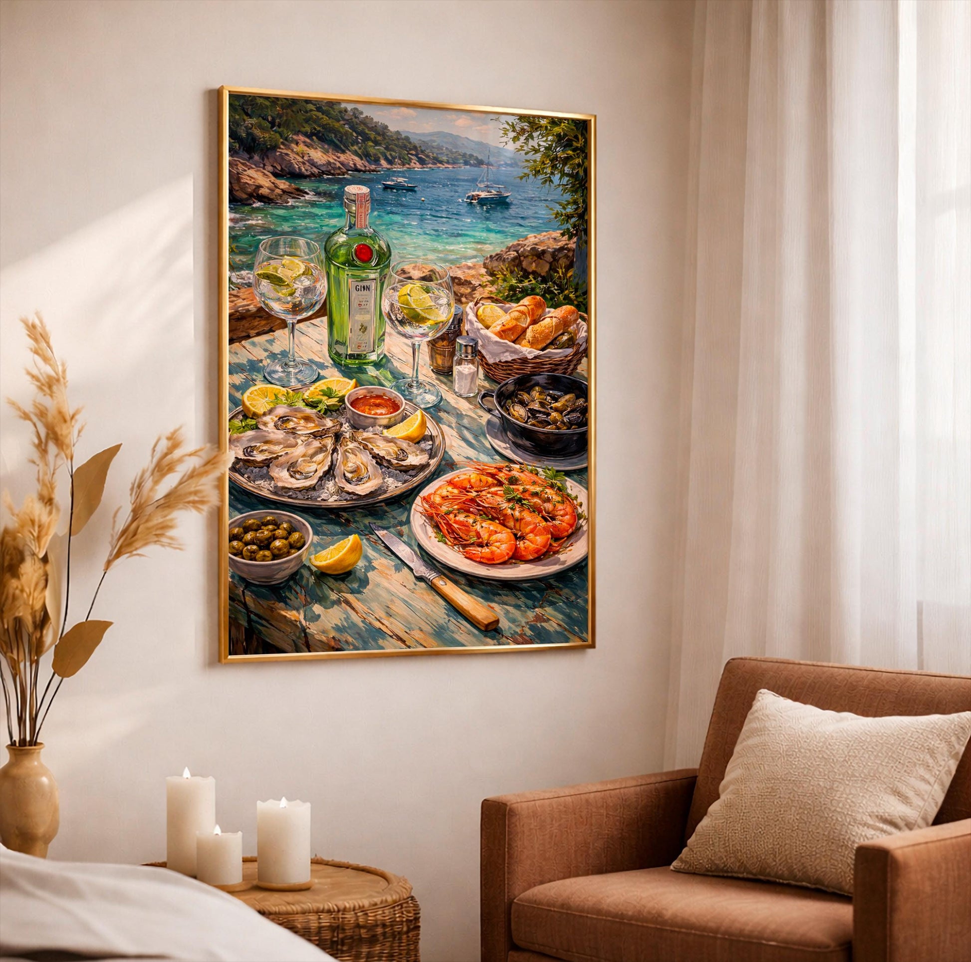 Seafood Platter Art Print, Mediterranean Kitchen Wall Decor, Bar Cart Poster, Oysters and Prawns Still Life, Coastal Beach House Home Design