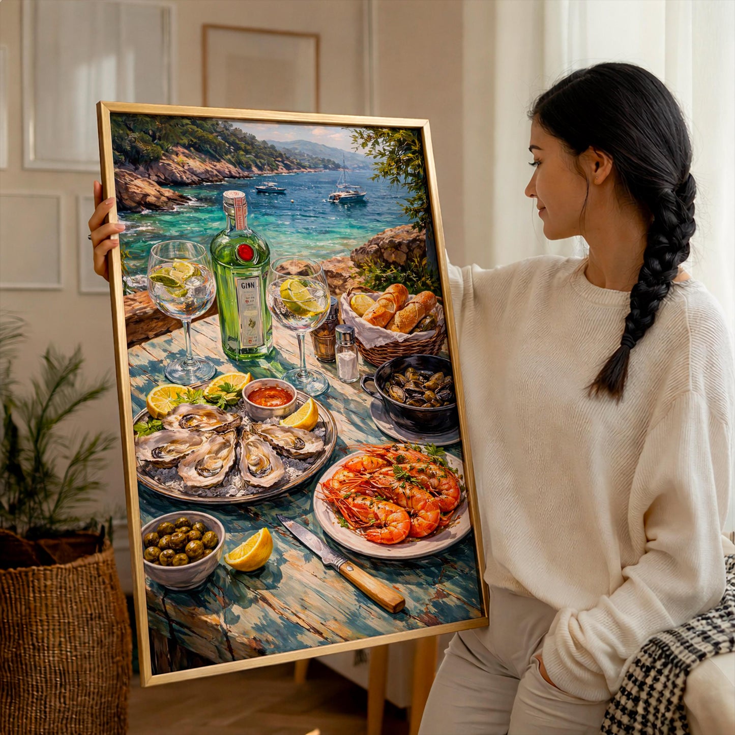 Seafood Platter Art Print, Mediterranean Kitchen Wall Decor, Bar Cart Poster, Oysters and Prawns Still Life, Coastal Beach House Home Design
