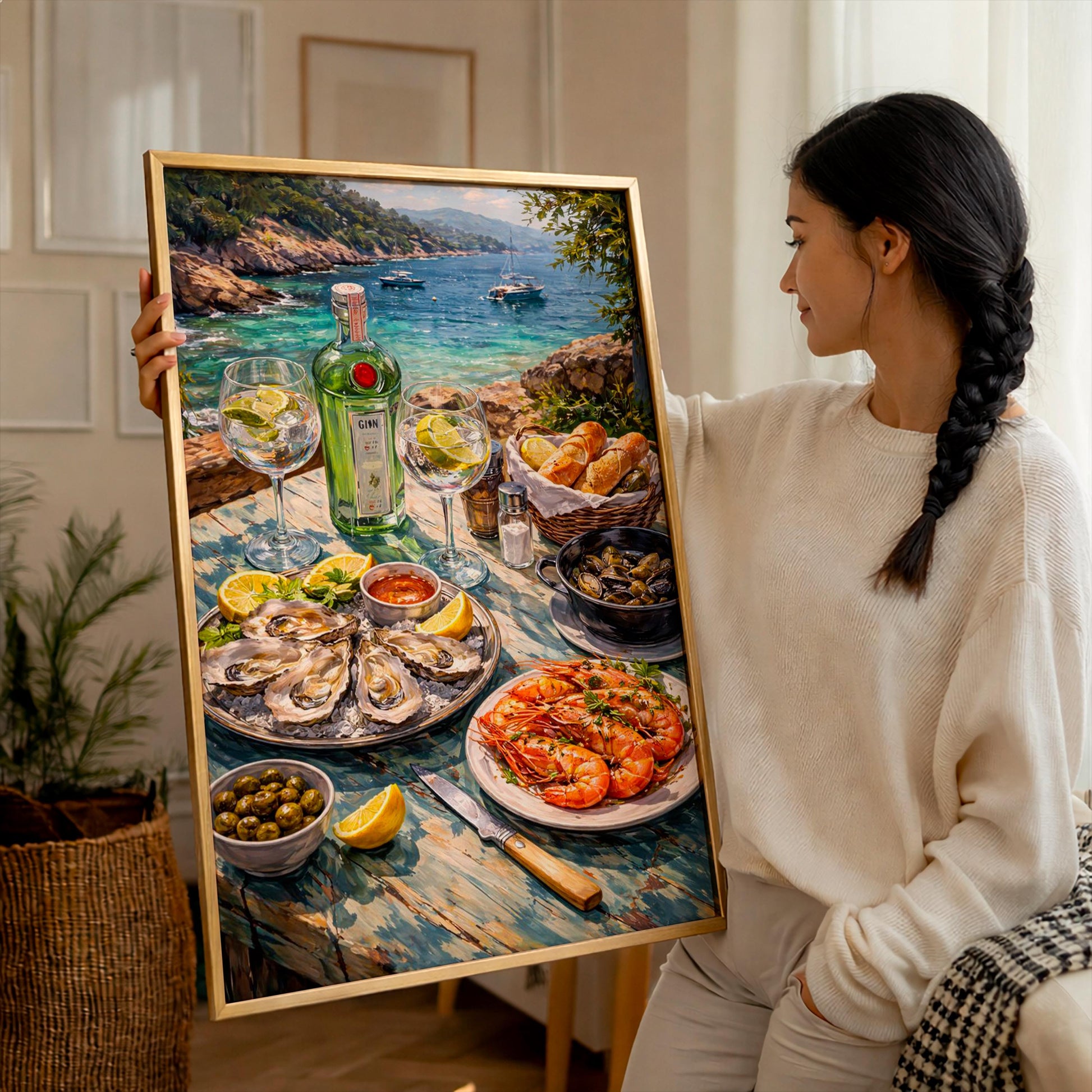 Seafood Platter Art Print, Mediterranean Kitchen Wall Decor, Bar Cart Poster, Oysters and Prawns Still Life, Coastal Beach House Home Design