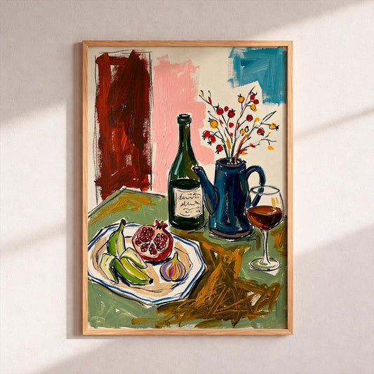 Retro Wine & Fruit Still Life Wall Art Vintage Kitchen Decor Poster Colorful Dining Room Print Mid Century Modern Food Art Gift for Her