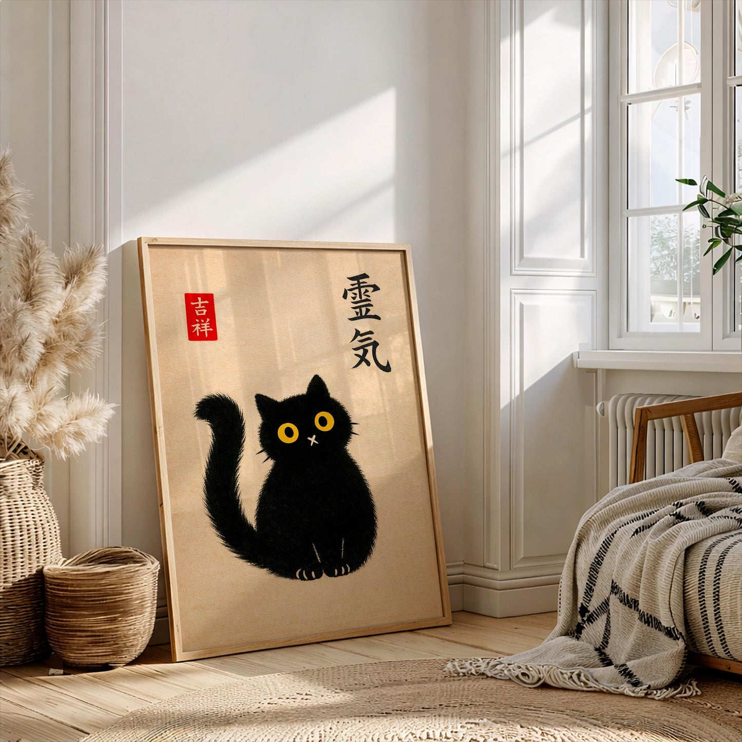 Japanese Black Cat Art Print, Reiki Zen Cat Poster, Kawaii Kuro Neko Wall Art, Japandi Minimalist Decor, Japanese Luck Lucky Cat Gift A3 A4